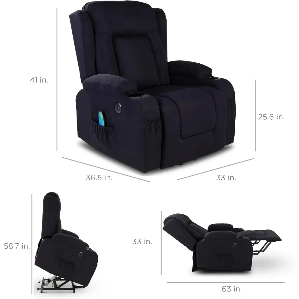 Electric Power Lift Chair, Recliner Massage Chair, Adjustable Furniture for Back, Legs w/ 3 Positions, USB Port Heat, Cupholders