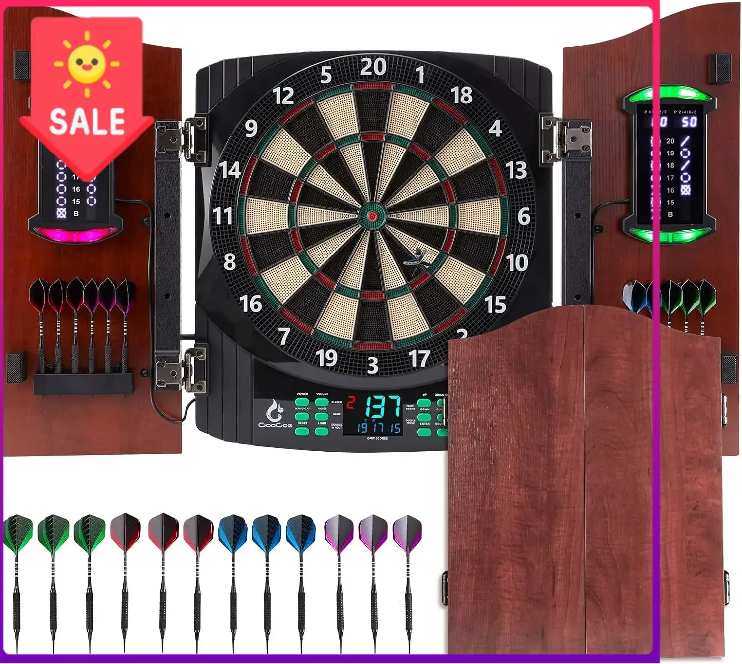 Electronic Dart Board with Wooden Door, Light Effects & Heckler Mode Electric Dartboard with 12 Darts & 100 Soft Tips, 50 image 8