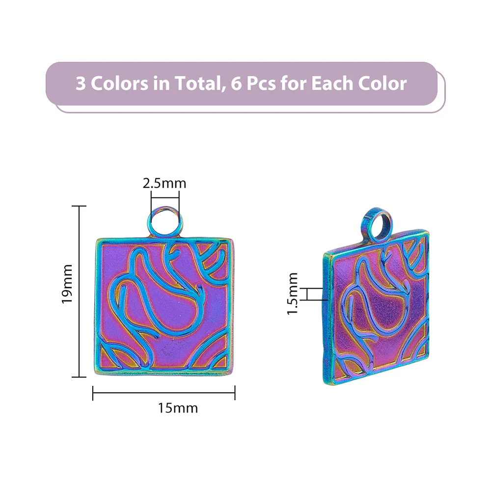 

18Pcs 3 Colors 201 Stainless Steel Pendants Ion Plating(IP) Square Mixed Color 19x15x1.5mm Hole: 2.5mm 6pcs/color