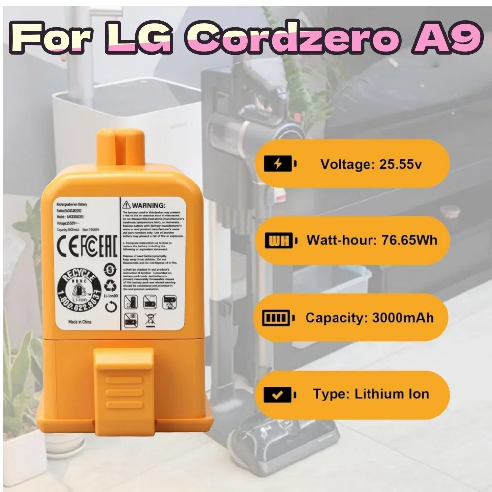 

25.4V 3000mAh Replacement Battery for LG CordZero A9/A9S/A9MAX，Compatible with A9K-CORE/P9/A9T-Ultra/A905M/A907GMS