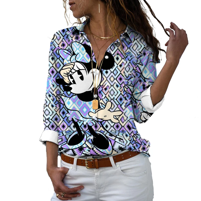 Floreale elegante camicia con risvolto Harajuku Casual femminile Disney Top temperamento camicia a maniche lunghe elegante Top Fashion camicia allentata Y2K