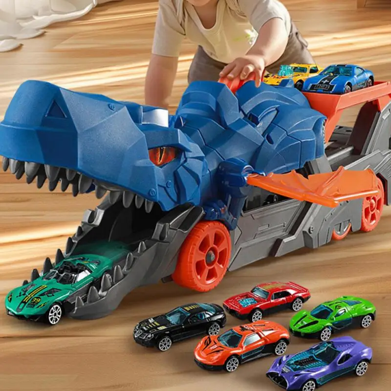 Dinosaur Car Toy Inertial Sliding Dino Car Truck Track Toy Funny Dino Truck Toy With 6 Racing Vehicles For Over 3 Years Old Boys