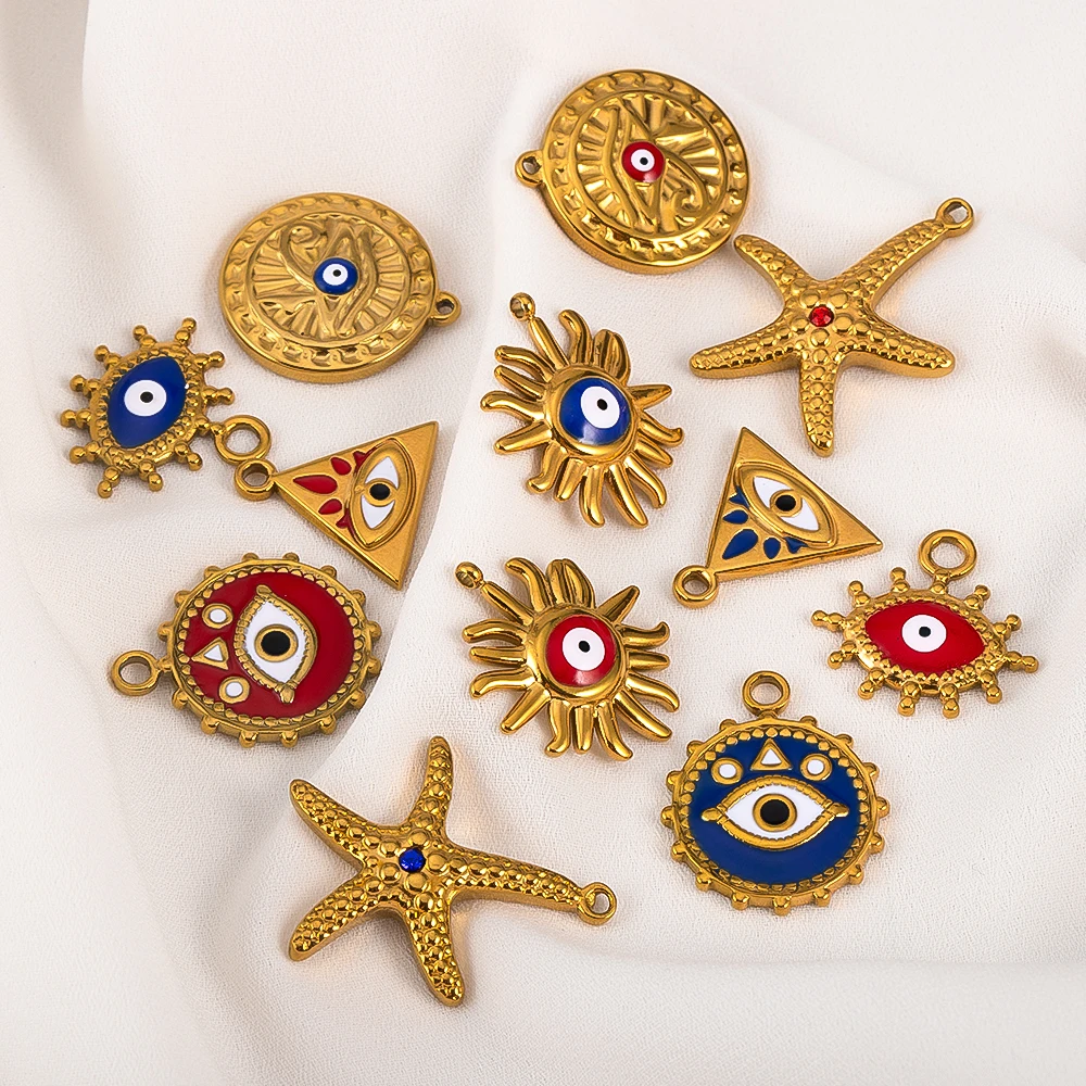 2pcs Stainless Steel Ocean Pendant Enamel Beach Sea Star Sun Evil Eye Charms for DIY Earring Necklace Jewelry Findings Supplies