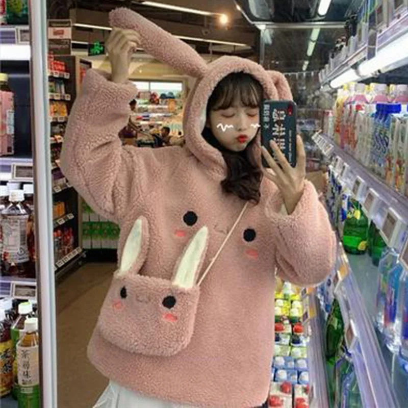 

Women Imitation Lamb Plush Thick Loose Casual Pullovers Autumn Winter Warm Leisure Hoodies Kawaii Rabbit Ears Hooded Sweatshirts