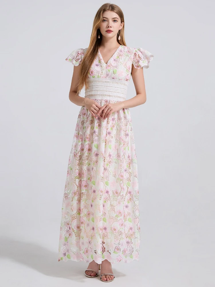 

Luxury Formal Evening Dresses Women Summer Flare Short Sleeve Floral Print Embroidery Lace Long Maxi Dresses Prom Party Robe New