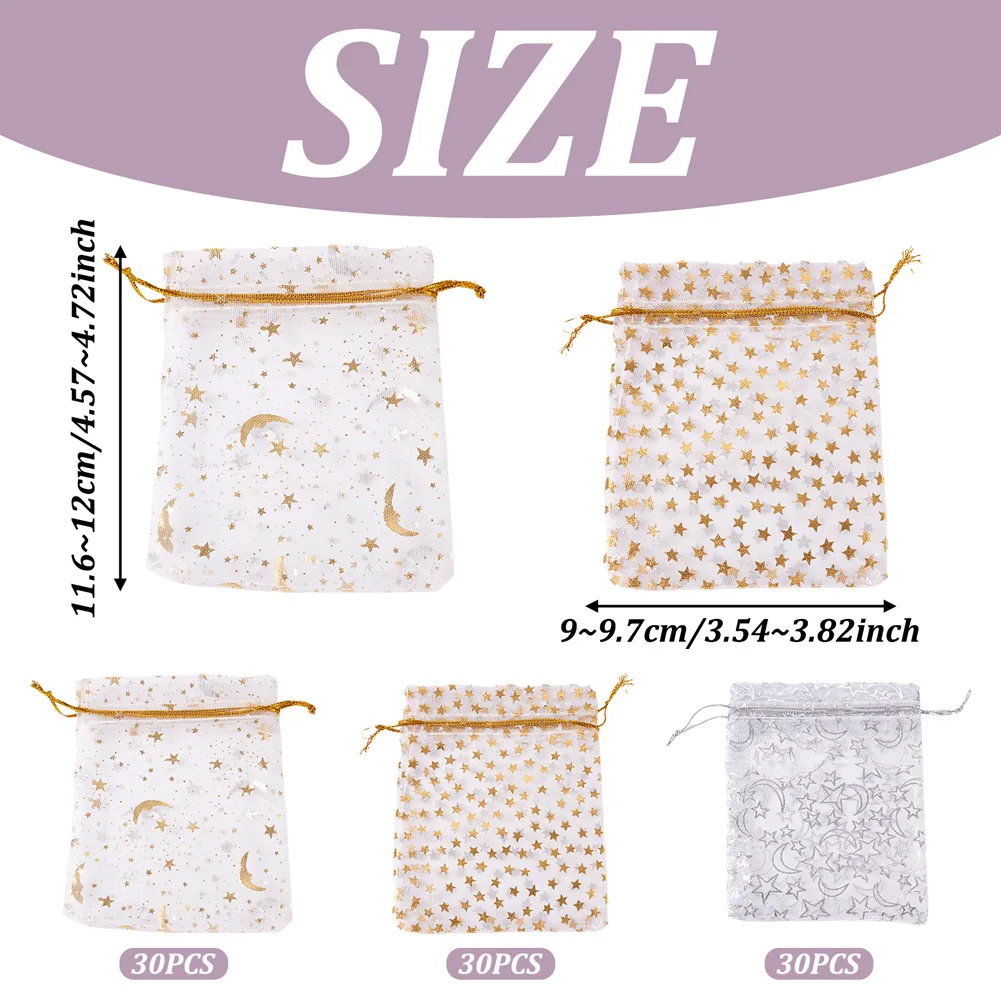 90Pcs Organza Gift Bags Moon Star Stamping Rectangle Drawstring Pouches For Wedding Party Valentines Day Jewelry Candy Packing