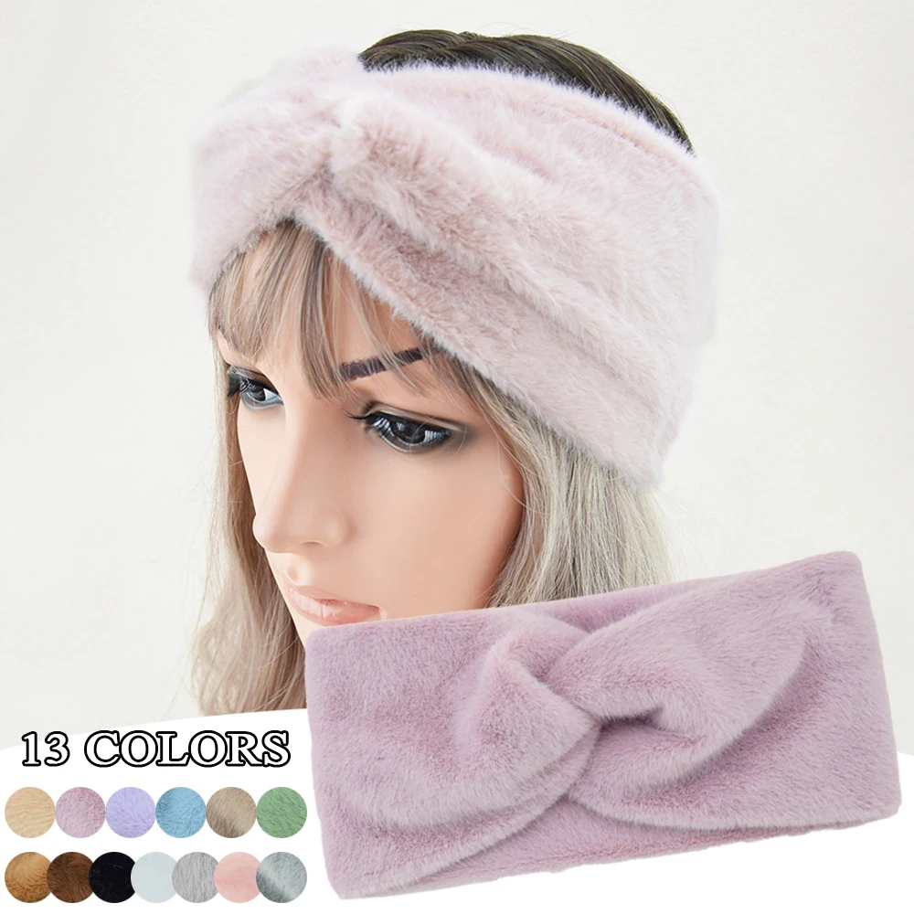 Winter Warm Plush Wide Headbands For Women Soft Fur Hairbands Makeup turban Cross Knitted Elastic Hair bands Hair Accessories