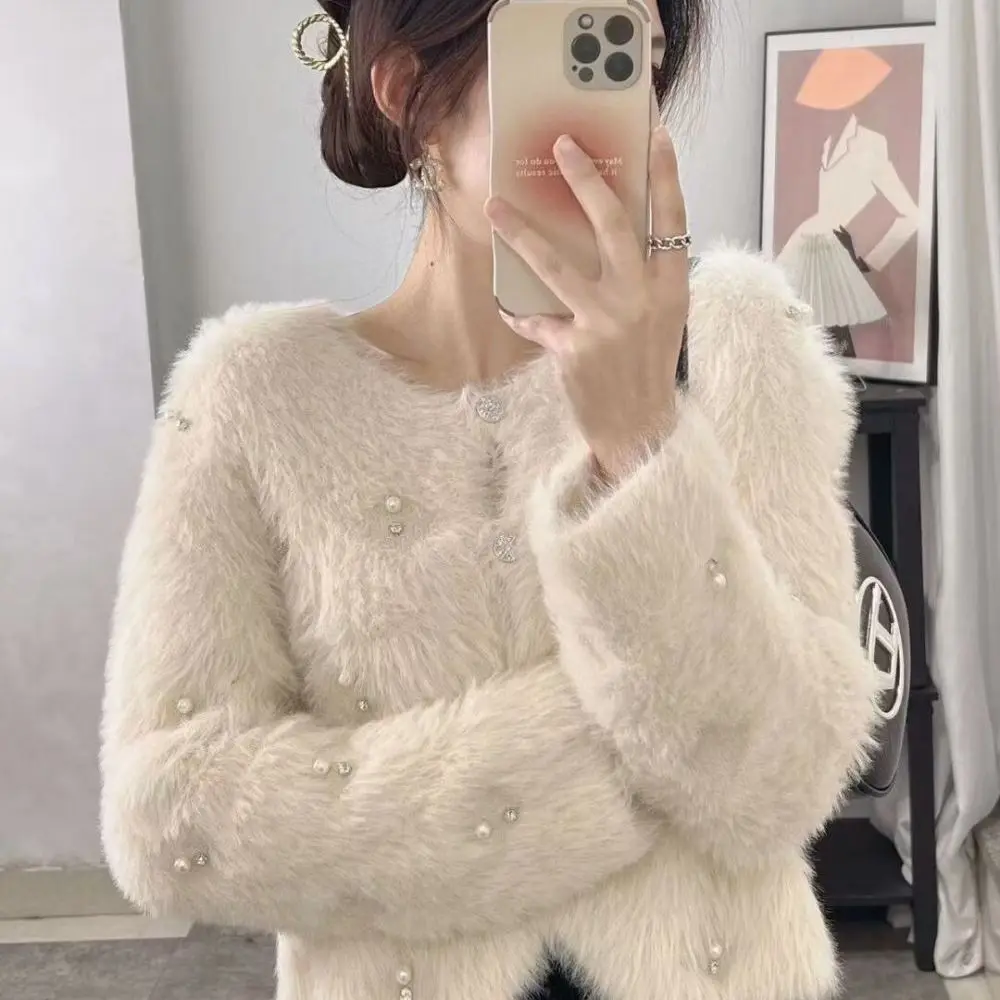 Spring Autumn Womens Imitation Mink Fleece Beaded Knitted Cardigan Coat