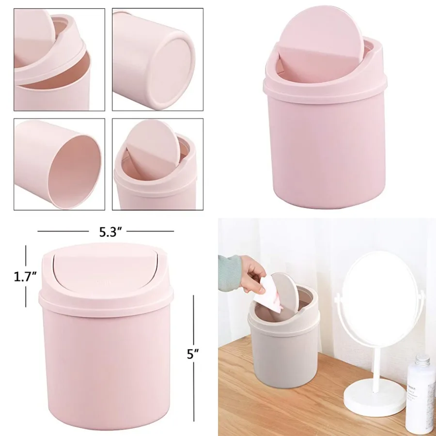 

Plastic Tiny Waste Bin, Desktop Mini Trash Can with Swing Lid, Pink