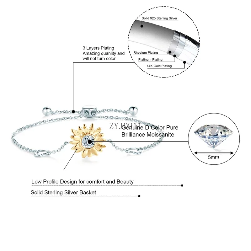 مويسانيتي سوار للنساء عباد الشمس أصيلة 925 فضة المرأة اليد معتمد سوار على شكل قلب فتاة مجوهرات