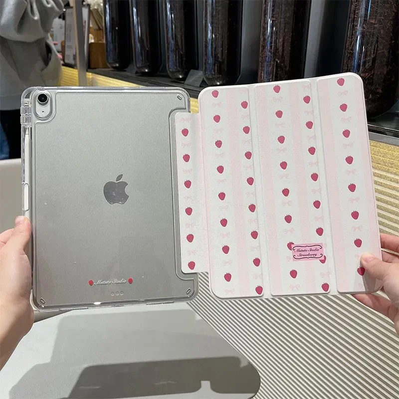 Korean Red Strawberry Bow Y2K Tablet Case For iPad Pro 13in 11th M5 M4 12.9in A16 7/8/9/10th Air4/5/6/7 11in M2 M3 Mini Cover