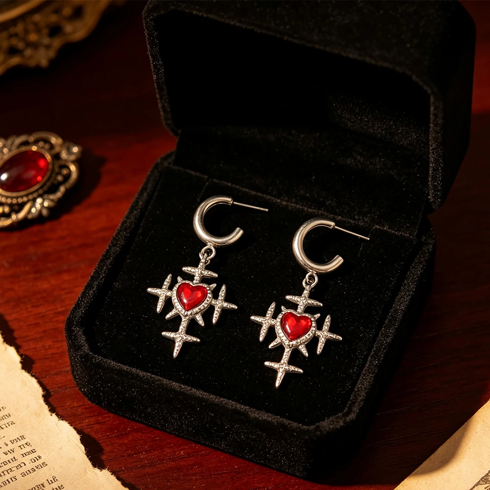 Vintage Distressed Silver Thorn Cross Red Heart Diamond-Studded Hoop Earrings, Dark Gothic Punk Style Unisex Dangle Earrings