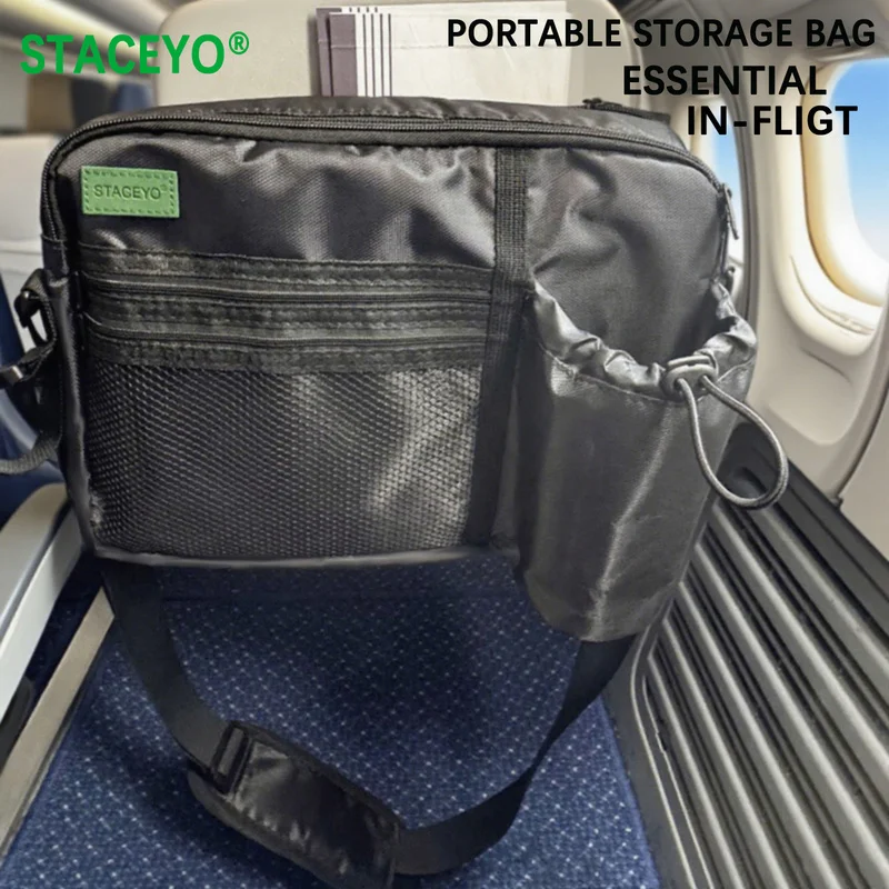 Airplane Hanging Storage Bag Black, Shoulder Strap Portable Travel Phone Snack Pouch, Flight Seat Organizer 1-Pack