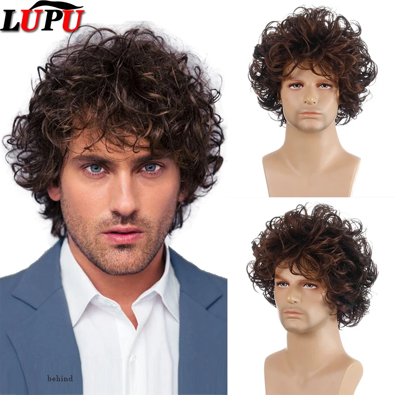 

LUPUMen Wigs Black Brown Short Curly Wavy Layered Cosplay Costume Party Male Wig