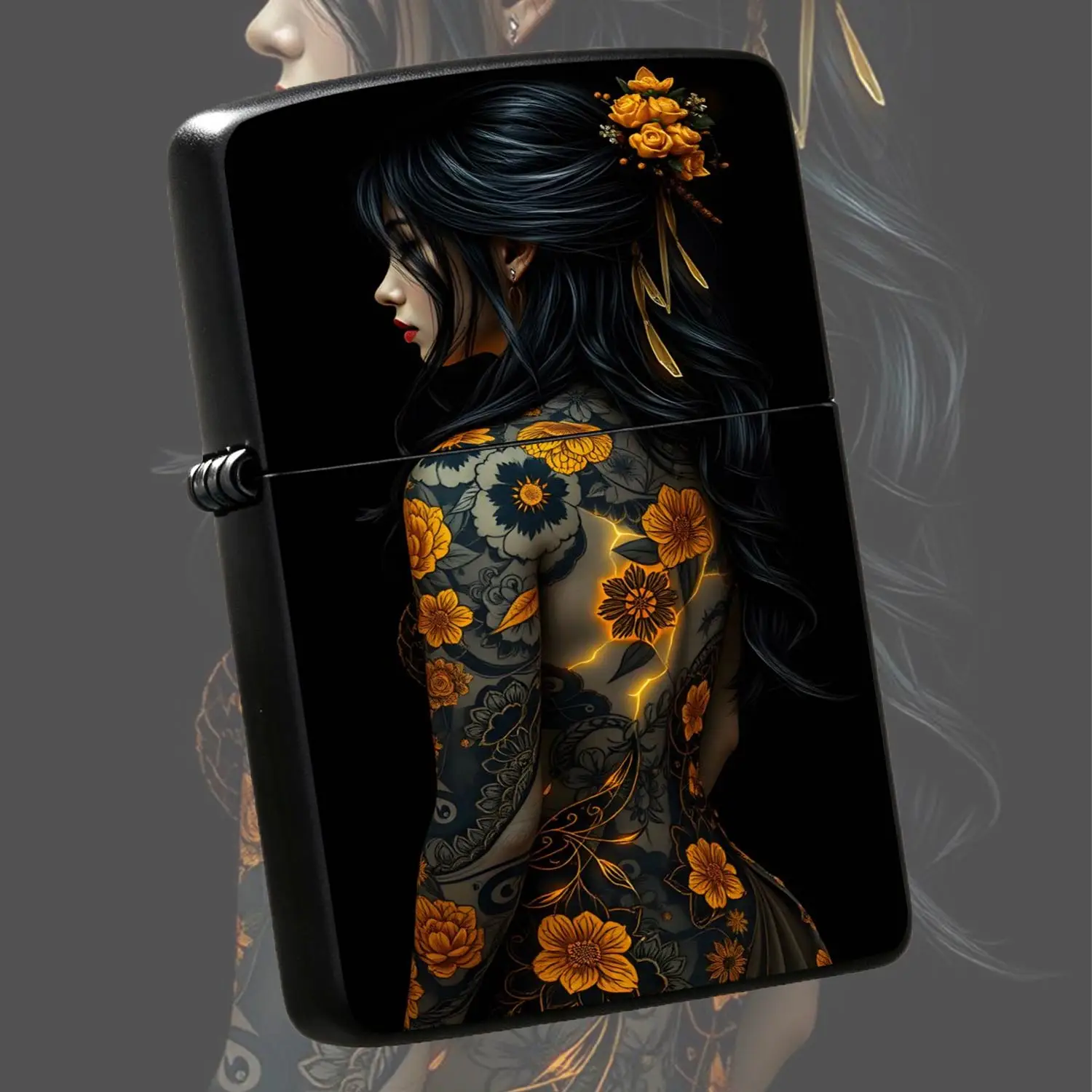 Exquisite Portable Igniter Printed with Aesthetic Oriental Lady and Golden Floral Art Pattern, Stylish Creative Decor Item, Suitable for All Daily Scenarios, Perfect for Gifting to Friends, Family or  A Humorous And Interesting Lighter