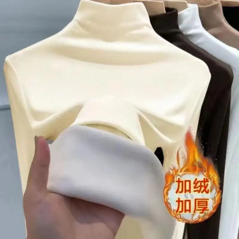 فتاة الخريف الشتاء الصوف مبطن وهمية الرقبة قاعدة طبقة جديدة رشاقته الحد الأدنى البلوز القمم الدفء الذاتي زراعة الملابس الداخلية