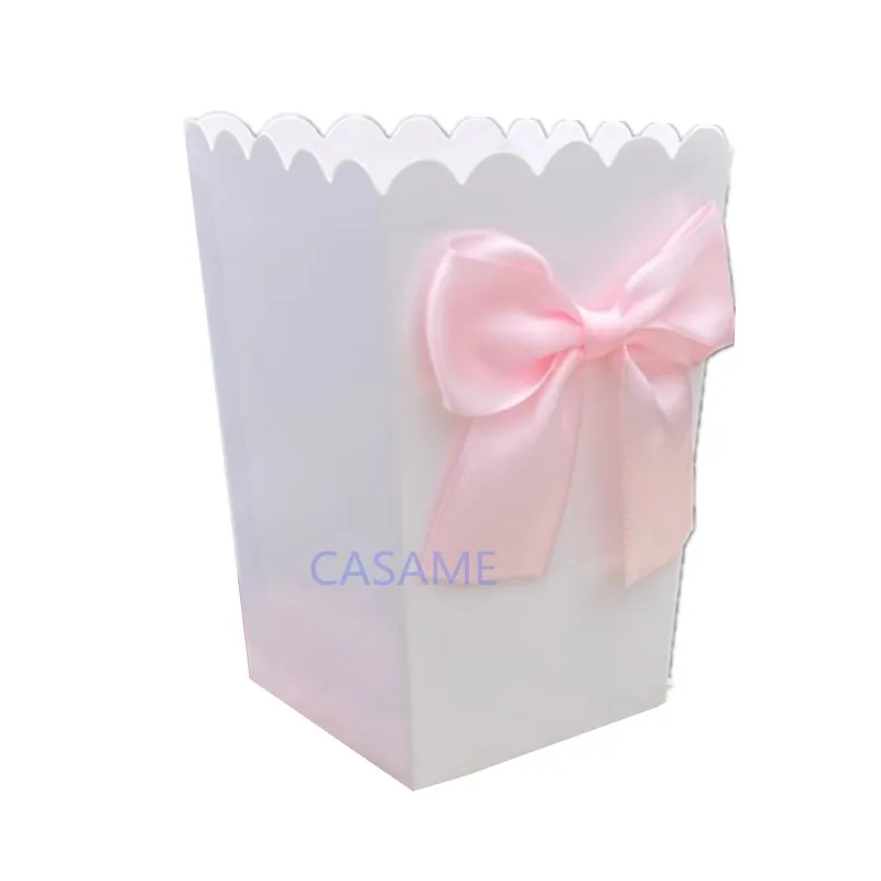 6pcs Popcorn Boxes with Bow Ribbon Paper Bag Favors Box Baby Shower Birthday Party Treat Favors Table Supplies Wedding