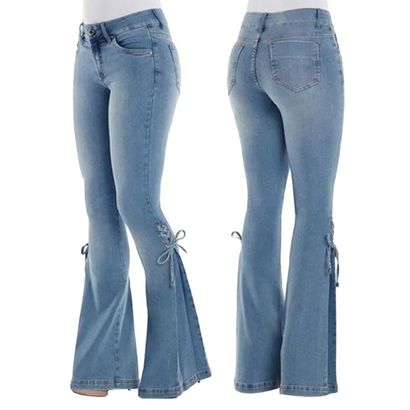 Women Lace Up Bow Long Wide Leg Flare Jeans 2024 Vintage Classic Denim Pants High Waist Solid Stretch Jean Trousers for Female