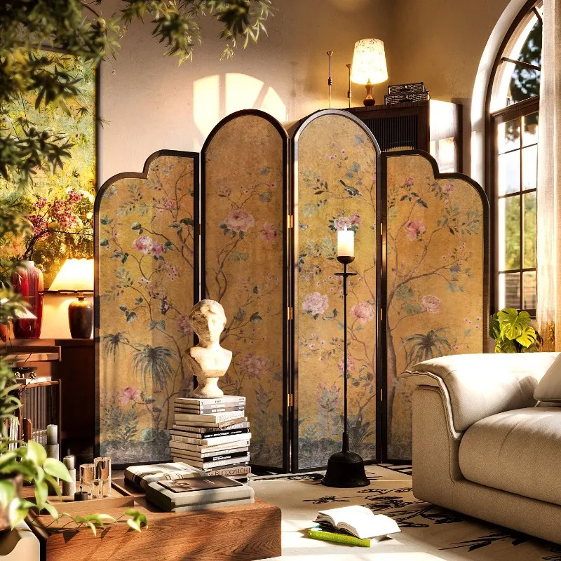 Amerikanische Retro-Blumen- und Vogel-Trennwand, zusammenklappbar, mobiles Schlafzimmer, Unterschlupf, Zuhause, Wohnzimmer, Sofa, Massivholz, dekorative Hintergrund