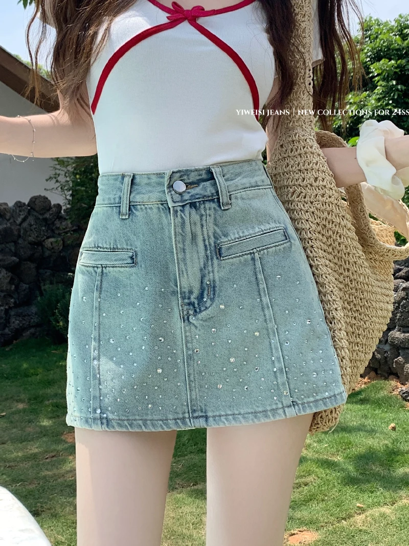 

Slergiri Vintage Diamonds Denim Mini Skirts Women Fashion 2024 Summer High Waist Korean Casual Short A Line Skirts Female