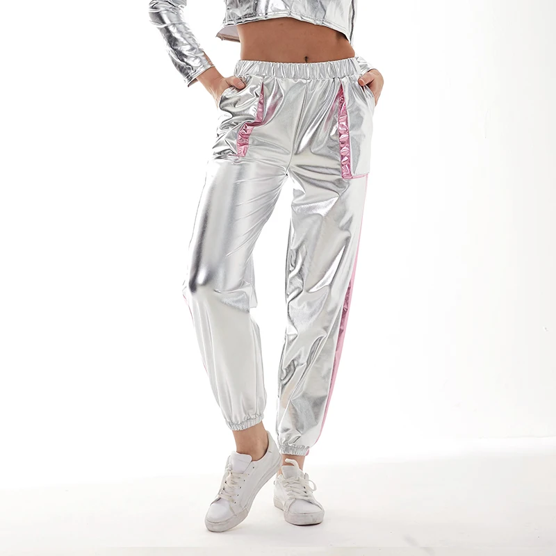 Women Shiny Patchwork Joggers Trousers Metallic Sweatpants Party Hip Hop Pants Holographic Jazz Dance Performance Street Wear