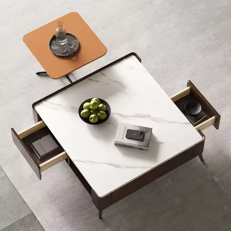 Square rock slab coffee table living room modern small apartment walnut color wood leather coffee table