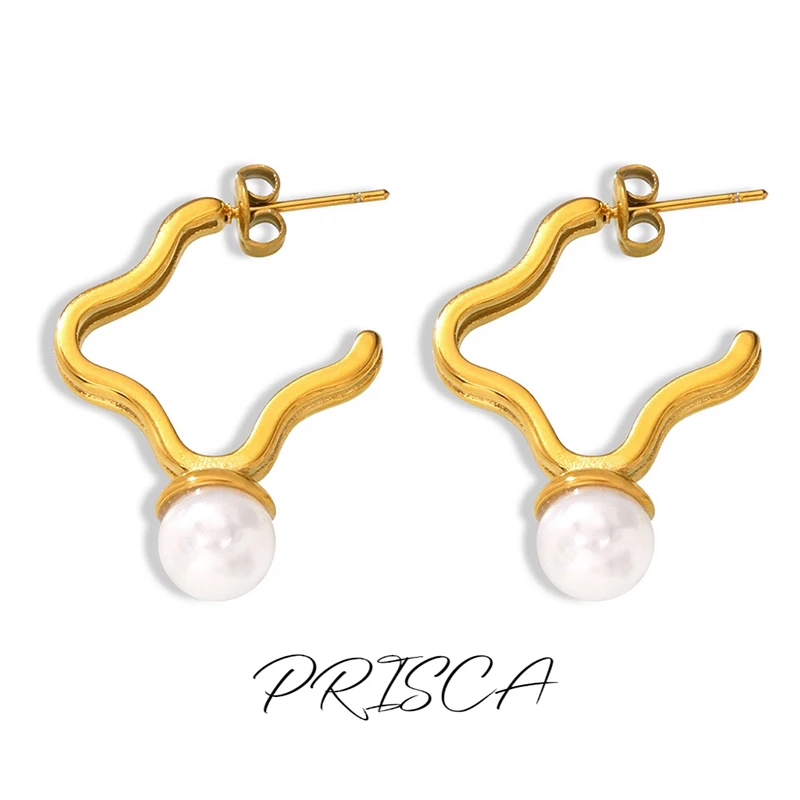 PRISCA | Stainless Steel Geometric Earrings for Women. Inlaid Pearl.Creative Design Jewelry Gifts.1Pair.Fashion. New