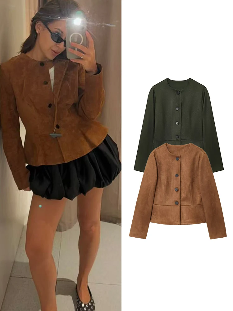 

Женская куртка из искусственной замши, пальто с длинным рукавом и круглым воротником на пуговицах, женская верхняя одежда, шикарная юбка с подолом, простые повседневные пальто для поездок на работу