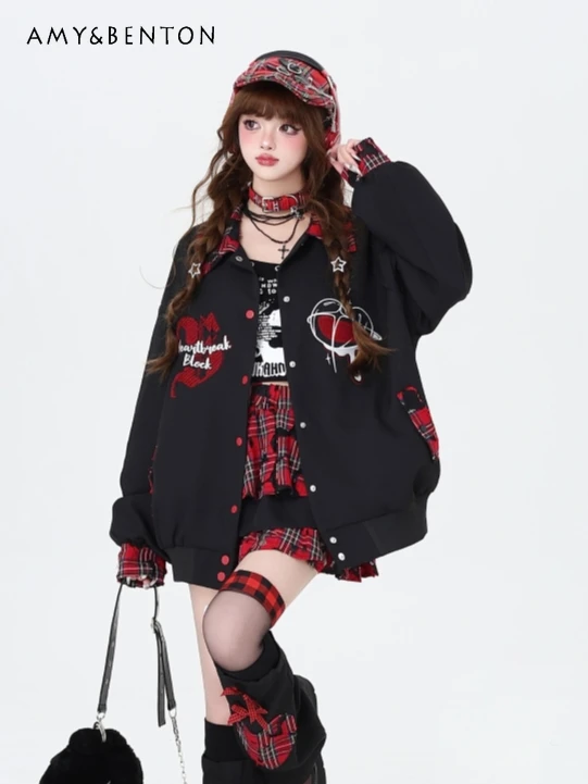 Subculture Gothic Embroidery Plaid Splicing Leather Buckle Jacket Autumn Winter New Harajuku Street Single-breasted Jacket Women