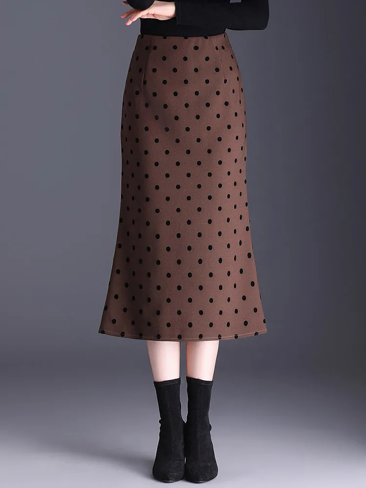 Womens Autumn/Winter Black/coffee Polka dots pencil Skirt High Waist Ladies S M L XL XXL 3XL Size Female Mid-calf Skirt