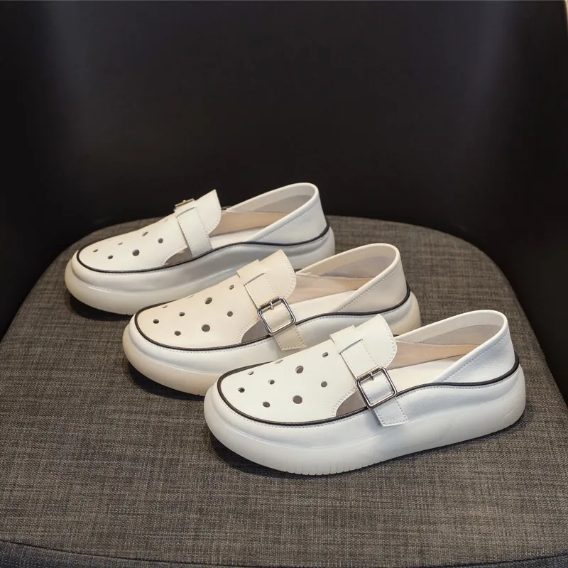 

Women’s Hollow-out Loafers Genuine Leather 2026 Spring Summer New Casual Flat Slip-on Shoes Large Size Nurse Shoes for Women
