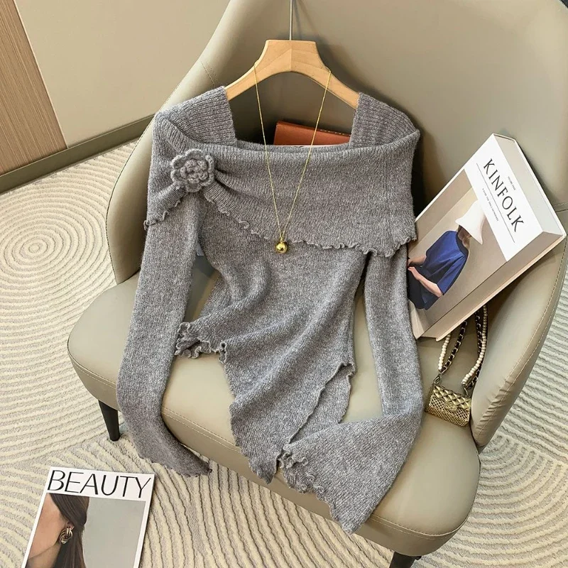 

Pure Lust Style Three-dimensional Flower Irregular Trumpet Sleeve Sweater Women 2024 Autumn Waist Slim Off-shoulder Outer Top