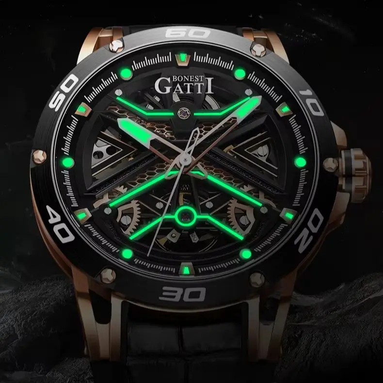 

BONEST GATTI Мужские автоматические часы Роскошные механические наручные часы 45 мм 50 м Водонепроницаемый скелетонизированный циферблат Сапфировый светящийся ремешок из витона