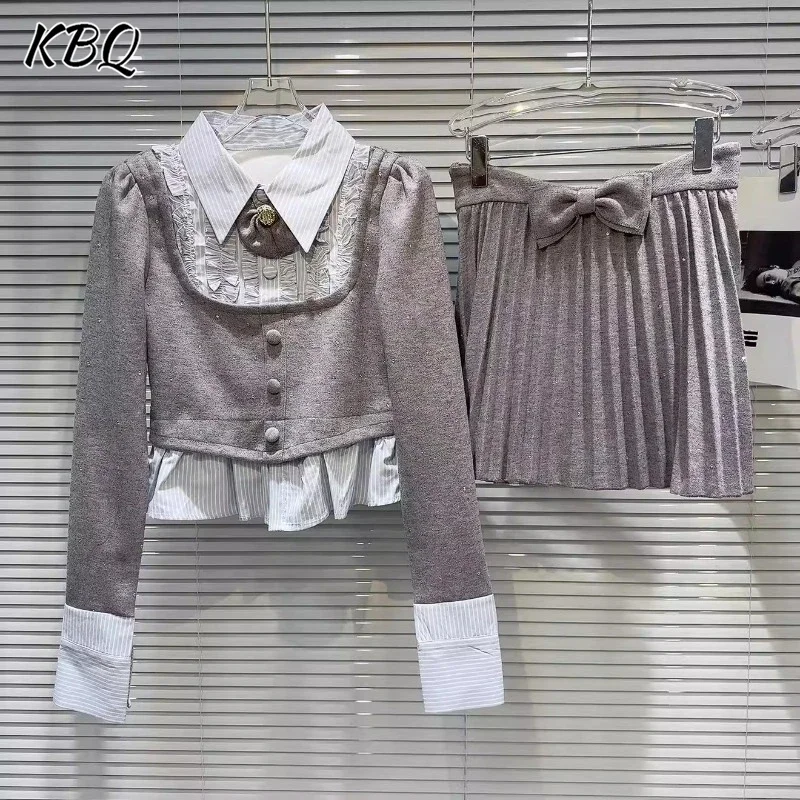 

KBQ Temperament Two Piece Sers For Women Lapel Long Sleeve High Wiast Bowknot Pleats Skirts Elegant Chic Set Female Fashion New