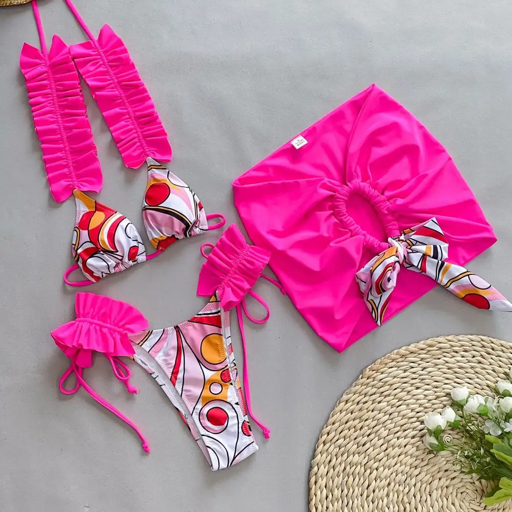 2024 Women Summer Bikini Set Ruffle Trim Printing Halter Bra Lace-up Briefs Hip Wrapped Skirt Set Swimming Suit Bathing Suit