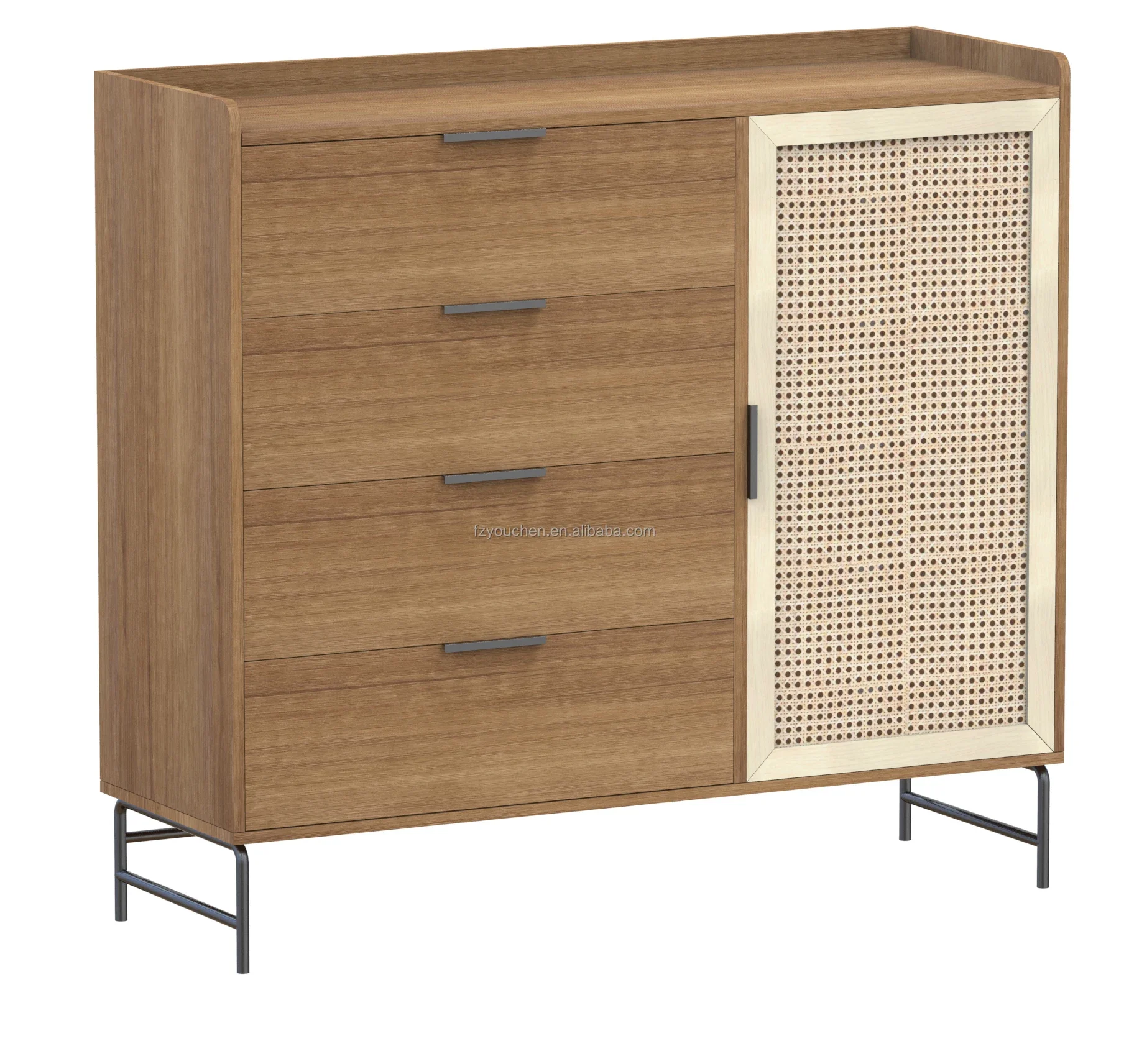 Modern Minimalist Tallboy Storage Furniture Metal Storage Drawer Dresser Cabinet with Rattan Chest of Drawers for Living Room