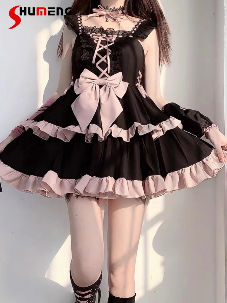 

Japanese JSK Lolita Sweet Hot Lace-up Bow Sleeveless Sexy Backless High Waist Ball Gown Suspender Mini Dress Women Summer 2024