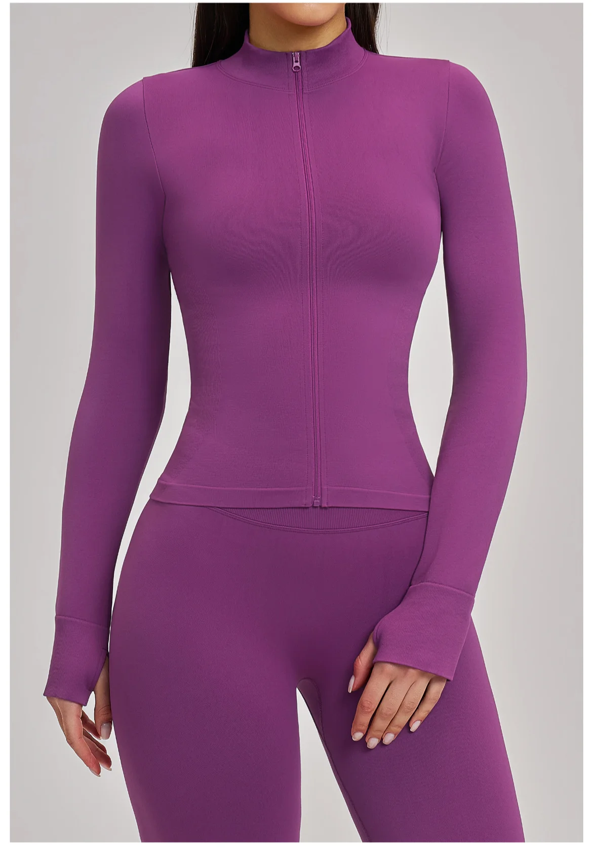 Women's Seamless Long Sleeve Yoga Top Ribbed High Neck Full Zip Slim Fit Sports Jacket Thumb Hole Workout Gym Running Activewear