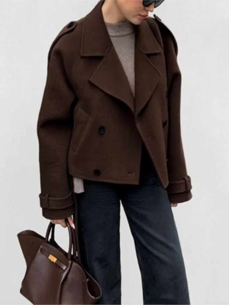 

New Autumn Winter Casual Loose Solid Pocket Double-breasted Lapel Long Sleeve Women's Short Jacket Coat, Elegant Lady Outerwear