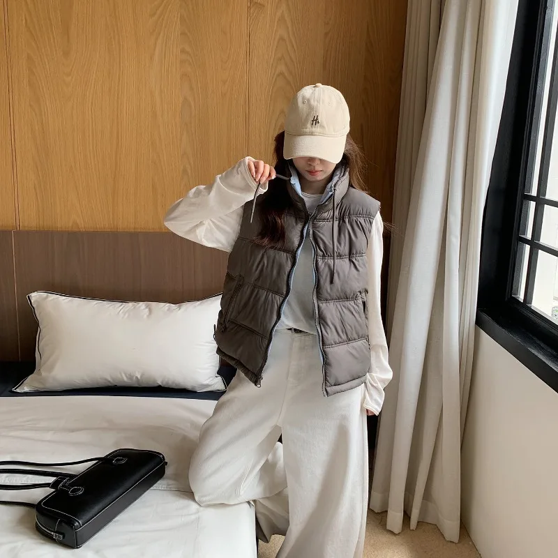Winter Warm Reversible Puffer Vest Women Sleeveless Quilted Stand Collar Zip Up Thermal Windproof Layering Outerwear Korean Tops