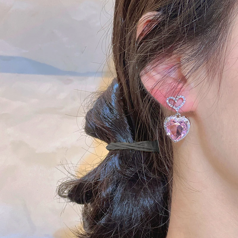 Huitan Luxury Pink Cubic Zirconia Heart Earrings for Women Silver Color Sparkling Engagement Wedding Accessories Trendy Jewelry