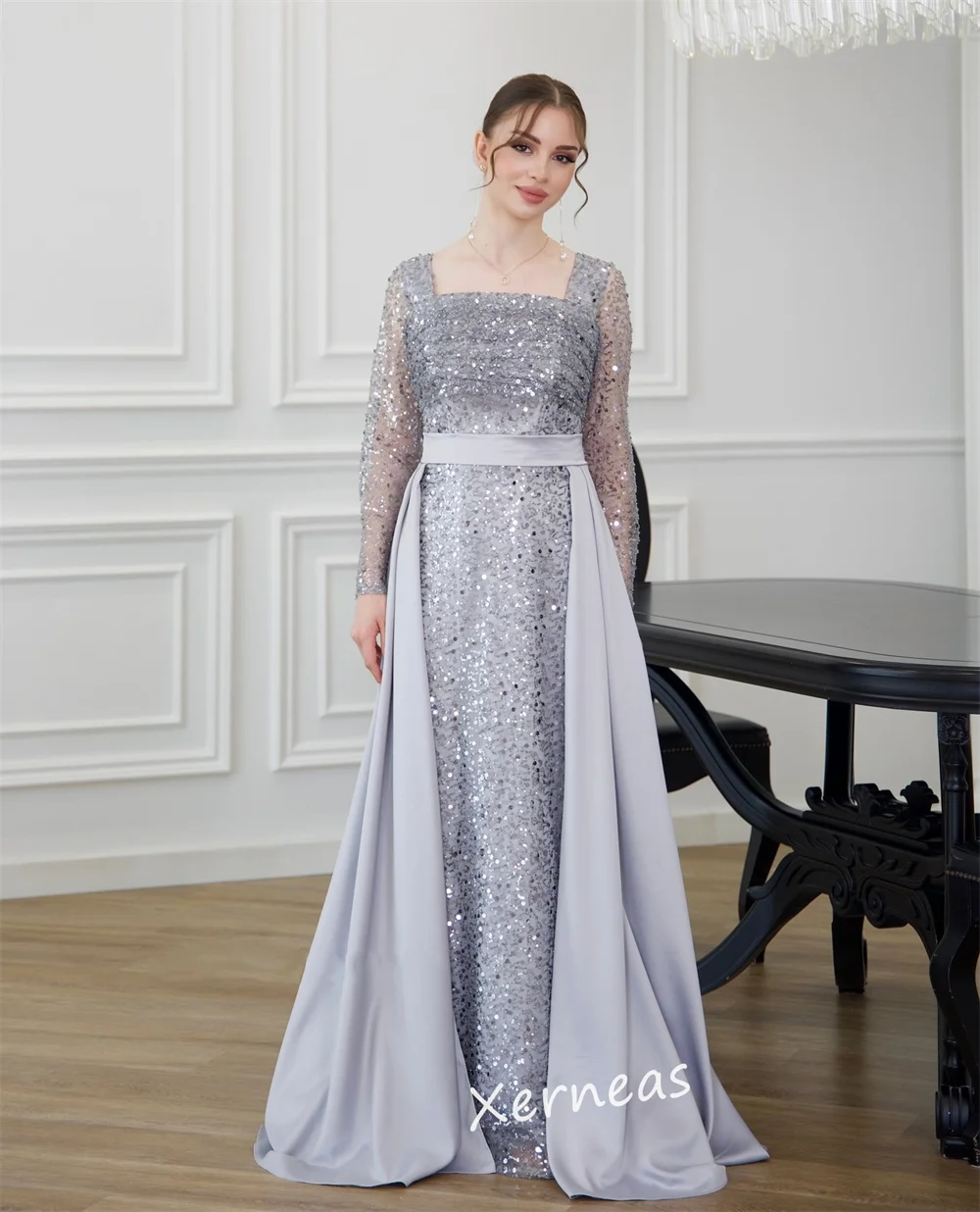 تخصيص الترتر الطية ساحة الرقبة ألف خط الطابق طول المرأة الفاخرة مساء مساء مخصص مناسبة حفلة موسيقية بريق رائع