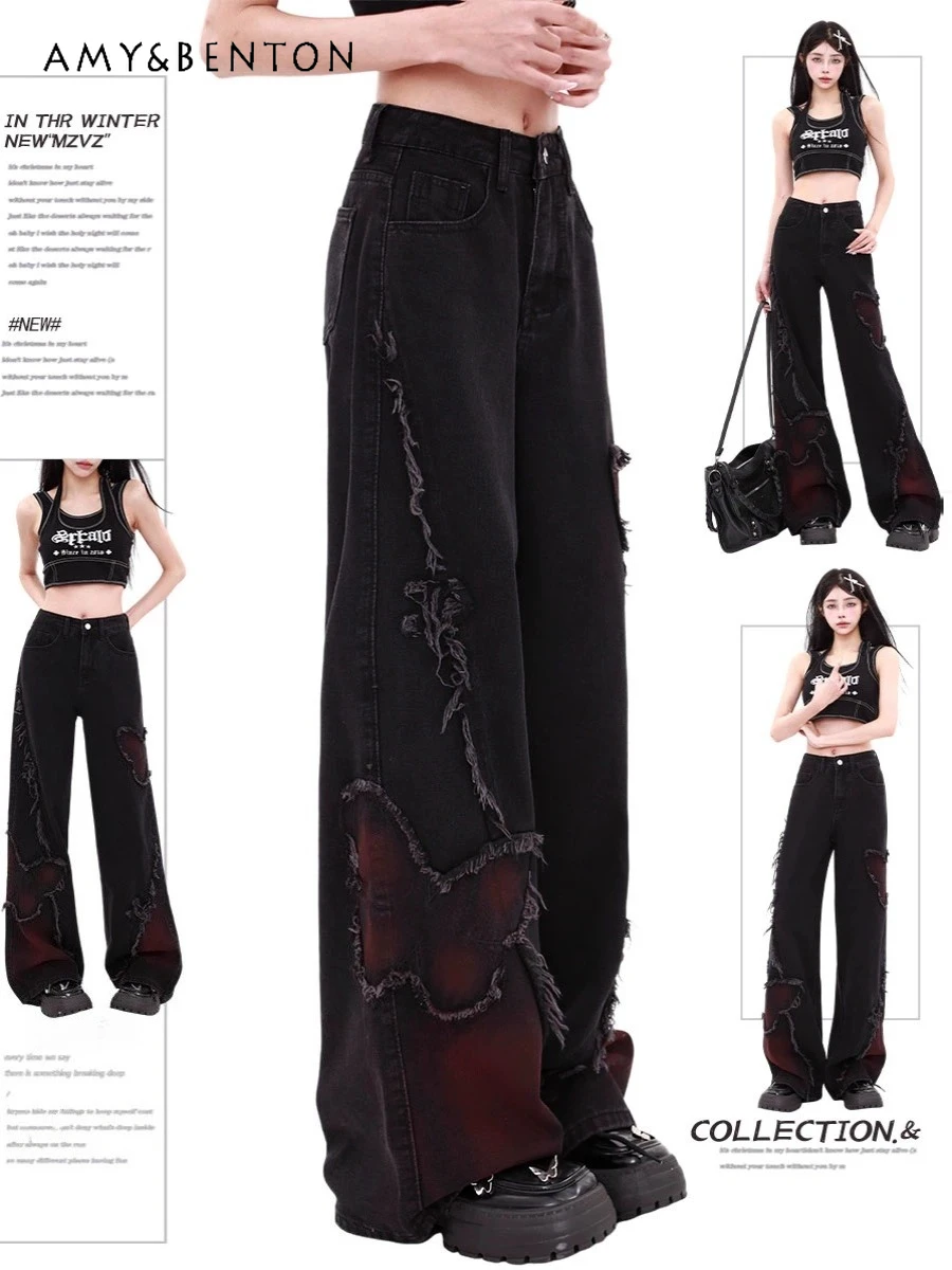 جينز جديد لربيع وخريف 2025 على شكل فراشة سوداء كلاسيكية أمريكية واسعة الساق للنساء سروال عالي الخصر للتخسيس مستقيم أزرق فاتح