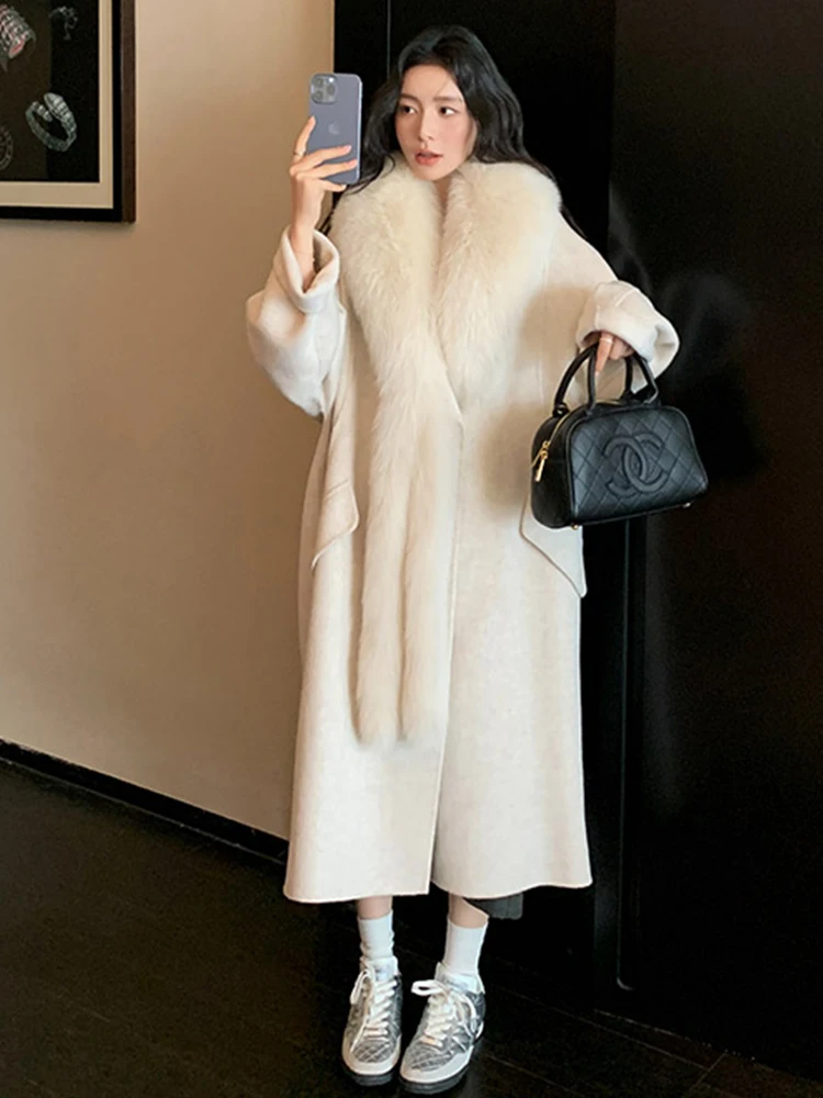 2024 New Fashion Long Women Wool Blended Coat With Big Real Natural Fox Fur Collar Coat Loose Winter Wool Jacket Outwear