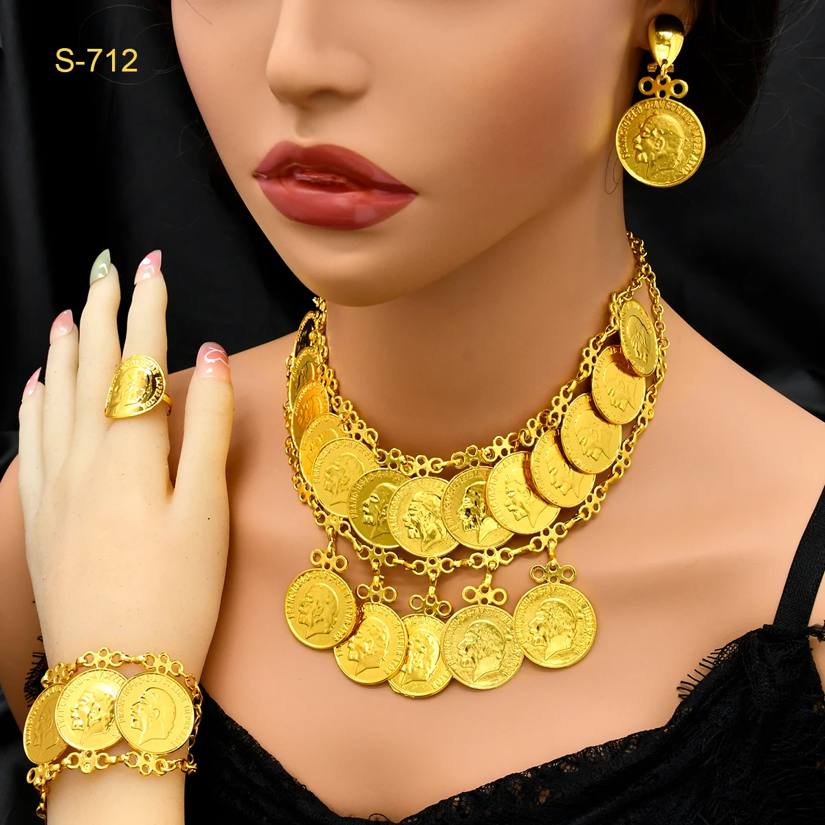 

Ethiopian 24K Gold Color Coins Necklace Bracelet Jewelry Set For Women African Hawaiian Luxury Choker Pendant Set Wedding Gifts