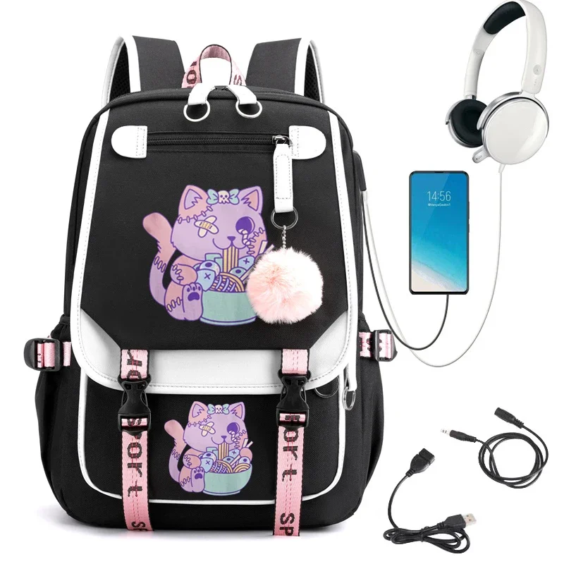 Ransel Anime untuk wanita ransel kartun Pastel Goth kucing makan Ramen ransel remaja tas sekolah siswa tas Travel perempuan