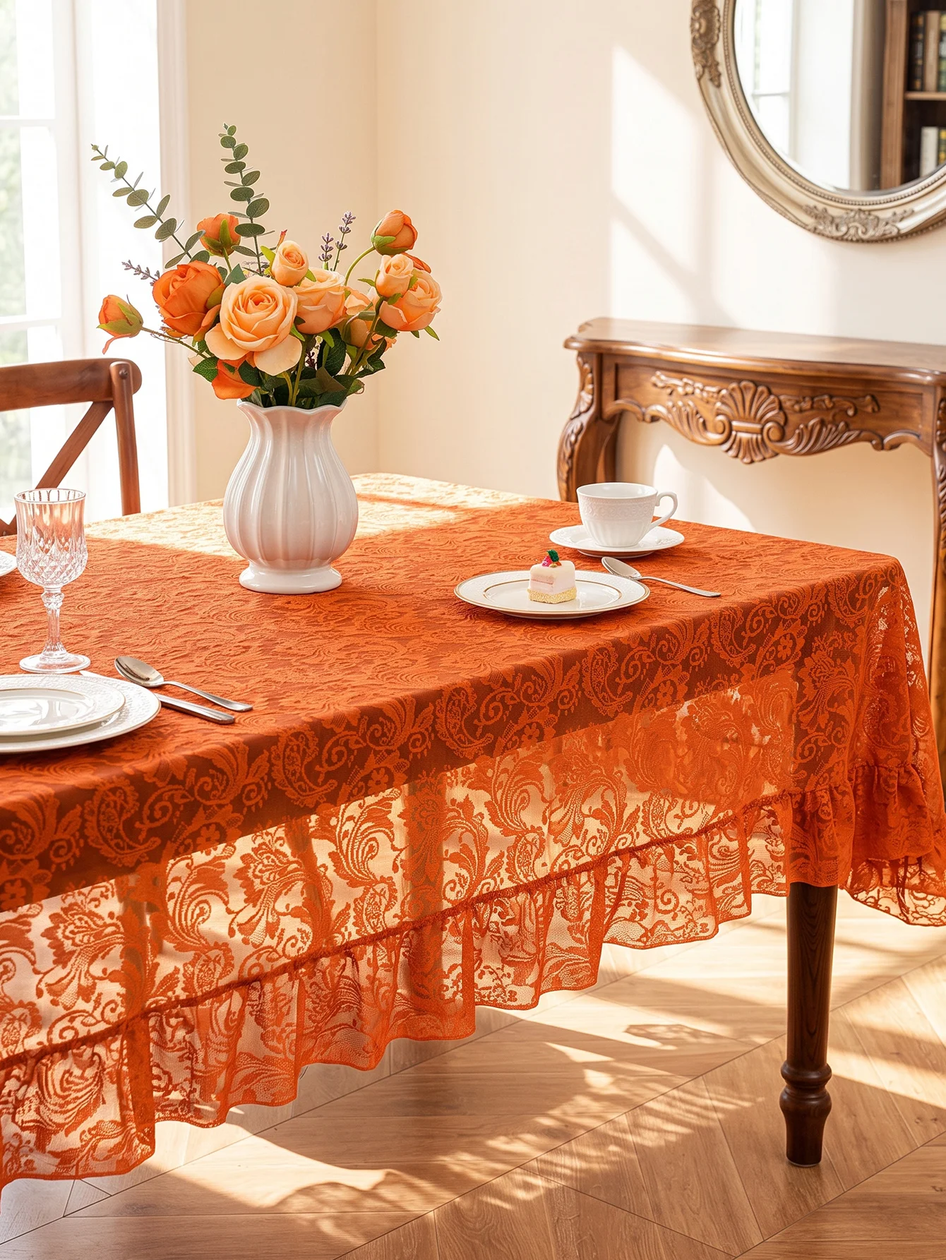 Orange Lace Tablecloth with Ruffled Edge, Vintage Floral Sheer Table Cover for Dining Table Home Party Decor
