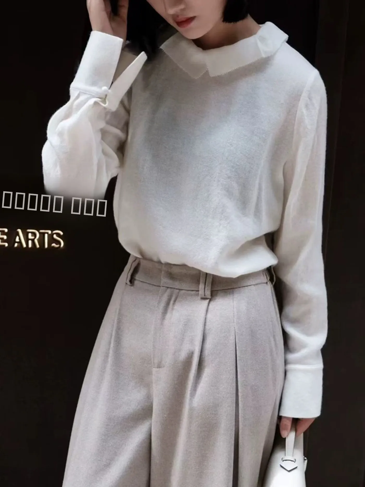 

High-End Women's Wool irt Loose Fit Silk Collar Slimming Casual Sle Long Sve Pure Color Autumn Winter Faion