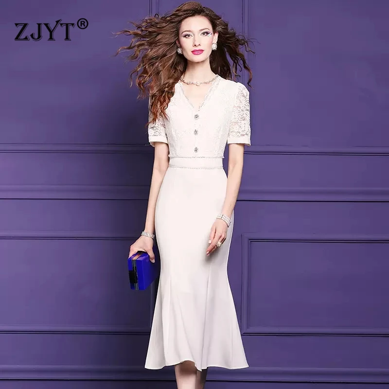 

ZJYT Elegant V Neck Beading Lace Mermaid Dresses for Women Summer 2024 Designer Short Sleeve Midi Party Dress White Black Robes