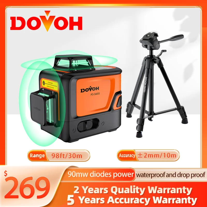 DOVOH Laser Level P3-360G With Tripod Auto-Leveling Heavy Duty  Structure Rechargeable, Suitable for Contractor Tile Ceilings